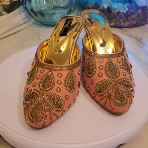 Elegant Pink and Gold Embellished Mules